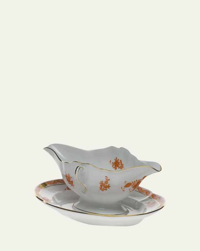 Chinese Bouquet Rust Gravy Boat with Fixed Stand